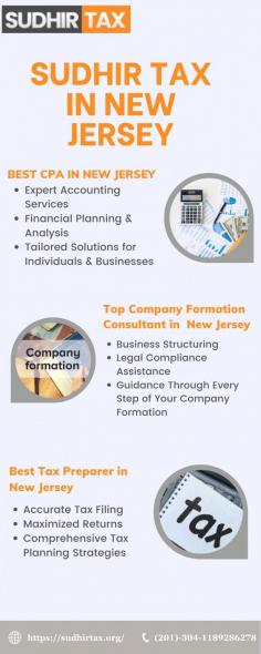 Sudhir Tax in New Jersey is your go-to expert for all tax and business needs. Recognized as the best CPA in New Jersey, we offer top-notch tax preparation and company formation consulting services. Trust us to handle your finances with precision, ensuring your business success and tax compliance.