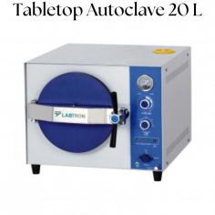 Labtron tabletop autoclave with a 20-liter capacity is equipped with automatic exhaustion of cool air, safe protection for water lacking, and knob control with indicator lights. It features a steam-water inner circulation system and offers a sterilization temperature range of 105 to 134 °C.
