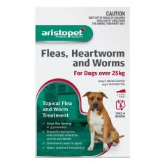 Aristopet Spot-On for Dogs Red pack is intended for use in dogs that weigh over 25kg. This topical formula works fast and provides broad-spectrum protection against both internal and external parasites. A single dose of Aristopet for Over 25kg Dog pack protects against a variety of parasites including fleas, intestinal worms, heartworms as well as ear mites.
