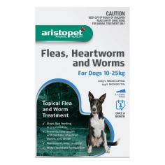 Aristopet Spot-On for Dogs Blue pack is intended for use in dogs that weigh between 10-25kg. This topical formula works fast and provides broad-spectrum protection against both internal and external parasites. A single dose of Aristopet for 10-25kg Dog pack protects against a variety of parasites including fleas, intestinal worms, heartworms as well as ear mites.
