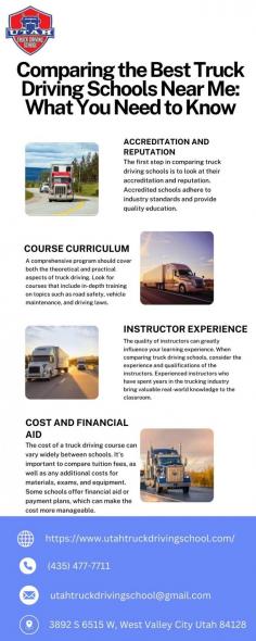 Choosing the right truck driving school near me can be challenging. Focus on schools that offer a comprehensive truck driving course with experienced instructors, modern equipment, and a strong job placement program. Understanding these key factors will help you make an informed decision for your trucking education and future career. Visit here to know more:https://sapphire-alligator-fv1c5w.mystrikingly.com/blog/comparing-the-best-truck-driving-schools-near-me-what-you-need-to-know