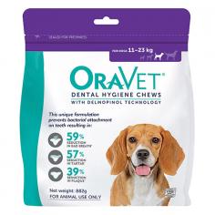 Oravet dental hygiene chews are ideal for your pet’s daily oral care. These clinically proven chews reduce plaque and tartar formation and prevent bad breath. When given daily, these dental dog chews loosen existing plaque and tartar to make it easier to remove. It also forms a barrier against bacteria that lead to plaque and tartar build up in the mouth. These tasty chews are easy to give and maintains overall dental health.
