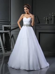 Robe de mariée longue avec perle de traîne moyenne de col en cœur avec sans manches