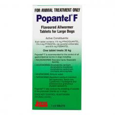 Popantel F Allwormer is a potent anthelmintic against multiple gastrointestinal worms in dogs. It is effective any intestinal helminths and giardia infections. It treats and controls roundworms, hookworms, whipworms and tapeworms. The oral formulation also acts against hydatid tapeworm. The worming tablet also controls the shedding of oocysts of the protozoan giardia. Popantel F Allwormer is readily accepted by dogs and thus, easy to dose.
