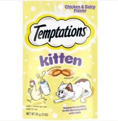 Just a shake of the bag and your kitten will come running for these crunchy on the outside, soft on the inside bites. Specially formulated for the unique dietary needs for your growing kitten, each of these delectable kitty treats has less than 2 calories and is 100% nutritionally complete. They also come in a stay-fresh pouch, so your kitten can enjoy a fresh treat every time. These TEMPTATIONS Kitten Treats are a purrrfect addition to your kitten supplies and their normal feeding routine: use them as a treat, a special meal, or a kitten food topper.