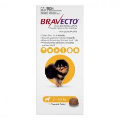 Bravecto Chewable for Very Small Dogs is a long-lasting protection from fleas and ticks for 2-4.5kg dogs. A single dose of Bravecto Yellow pack treats fleas for 3 months, controls paralysis ticks for 4 months, and protects against brown dog ticks for 8 weeks. Plus, it treats infestations caused by bush ticks, sarcoptes, demodex, and ear mites.
