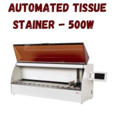 Labmate Automated Tissue Slide Stainer enhances sample staining with 18 cups (750 ml each), 1 drying station, and 10 washing stations. It offers a processing time of 0 to 59 minutes, ensuring rapid, accurate, and consistent results for histological and pathological use.