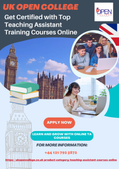 Unlock exciting career opportunities with Teaching Assistant Training Courses online at UK Open College. Our comprehensive programs equip you with the skills and knowledge needed to thrive in the education sector. Enroll now to kickstart your journey towards becoming a certified Teaching Assistant. Transform your passion for education into a rewarding profession with our flexible and accredited online courses.