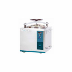 Labtron Vertical Autoclave has a hand-wheel quick-open door with a horizontal sliding design and a safety interlock. It features a 35 L capacity, operates at 134 °C, 0.22 MPa, and a 0-99 minute timer. It includes 2 stainless steel baskets, an indicator light, and auto-shutdown with a beep.