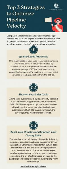 In the fast-paced world of B2B competition today, a high-velocity sale pipeline is not a luxury—it is an absolute necessity. e.g., Forrester Research: Companies that formalized their sales methodology realized win rates 15% higher than those that didn’t. How do you get to this sweet speed and open all the sales activities in your pipeline? Here are three strategies:

Read the complete article- Top 3 Strategies to Optimize Pipeline Velocity

https://salesmarkglobal.com/optimizing-sales-pipeline-velocity-2/