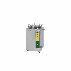  Labtron Vertical Autoclave is a top-loading, 35L pressure steam sterilizer with a 105–134°C range, 0.22 MPa pressure, and a 0–60 minute timer. It features stainless steel construction, a silicone-sealed door, auto shut-off, manual water loading, casters, and a and a double-scale pressure gauge.
