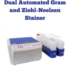 Labmate Dual Automated Stainer efficiently stains gram-positive, gram-negative, and acid-fast bacteria. It holds 10 slides per cycle, uses 1.2-1.8 ml of reagent per slide, and spins at 300 rpm. Automated timing and reagent management ensure precise, consistent results with minimal effort.