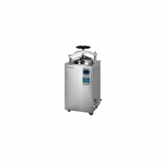 Labtron Vertical Autoclave is a class N-type, top-loading steam sterilizer with a 35L chamber and quick-open door. It operates at 134°C, 0.22 MPa, has a 0-99 min timer, stainless steel body, safety lock, digital LCD with touch keypad, auto-cool air and steam discharge, and beep shutdown.