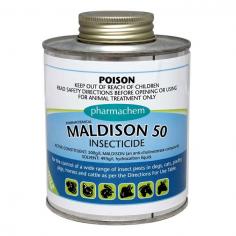 Maldison 50 is an insecticide that works to keep flies and other biting insects under control such as lice, mosquitoes, fleas, ticks, mange mites, poultry mites. It can be used directly on pets as well as to treat the environment in which they live. It is safe and effective for controlling flies in dairies, stables, rubbish dumps and piggeries.
