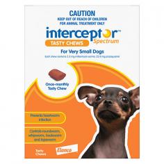 "Interceptor Spectrum is a healthy and tasty chew for dogs. One monthly tasty chew will prevent and control heartworms in your dog. These chews control all types of worms like roundworm, whipworm, hookworm and adult tapeworms in dogs.

For More information visit: www.vetsupply.com.au
Place order directly on call: 1300838787"