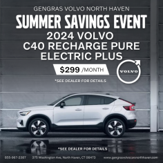 Experience the ultimate in luxury and sustainability at Gengras Volvo Cars North Haven during our Summer Savings Event! Discover incredible deals on the 2024 Volvo C40 Recharge Pure Electric Plus. This cutting-edge pure electric vehicle offers exceptional performance and eco-friendly driving. Don't miss out on our new Volvo inventory, new specials, and comprehensive parts and service options. Visit us today for the best in pre-owned inventory, certified inventory, and service loaners.
Contact Us 
Phone: 855-967-2387
Website: https://www.gengrasvolvocarsnorthhaven.com/
Address: 375 Washington Ave North Haven, CT 06473
