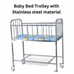 Abimed The Baby Bed Trolley, crafted from anti-corrosive stainless steel with 25 mm diameter tubes, ensures long-term durability. It offers sufficient space for the child, includes stainless steel guard rails, a sundries basket for essentials, and features silent diagonal casters for secure braking and easy movement.