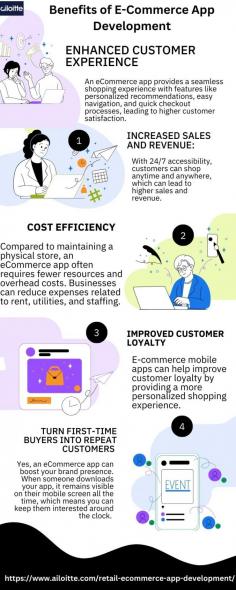 E-commerce app development boosts sales through 24/7 accessibility, enhances customer experience with personalized features, broadens market reach, provides valuable data insights, and streamlines operations for cost efficiency and competitive advantage.