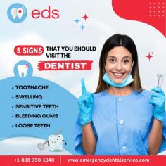 5 Signs You Need a Dentist | Emergency Dental Service

If you have a toothache, swelling, sensitive teeth, bleeding gums, or loose teeth, it's time to visit Emergency Dental Service. These signs can indicate a more serious oral health problem that needs immediate attention to avoid future complications. Schedule an appointment at 1-888-350-1340. 