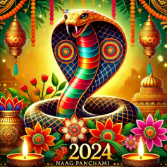 
Naag Panchami 2024: Significance and Rituals**

Naag Panchami, celebrated on 9th August 2024, is a sacred day dedicated to worshipping snakes, symbolizing the reverence of nature and the divine serpents in Hindu culture. It falls on the fifth day of the Shravan month, a period known for its spiritual importance.

**Significance:**
Naag Panchami is observed to seek protection from snakebites and to honor the serpent deities, believed to be the guardians of wealth and prosperity. The worship of snakes on this day is also associated with paying respect to ancestors and mitigating the effects of Rahu and Ketu in one's horoscope.

**Rituals:**
Devotees perform rituals by offering milk, flowers, turmeric, and rice to snake idols or live snakes at temples. Drawing snake motifs on the walls of homes is also a common practice. Observing a fast and chanting mantras dedicated to Naag Devta are considered auspicious.

**Benefits:**
Performing pooja on Naag Panchami brings blessings of health, wealth, and protection from adversities. It is believed to remove Doshas related to Rahu and Ketu and ensures the well-being of the family.

Embrace the divine energy of Naag Panchami and invite prosperity and protection into your life! 