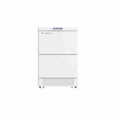 Labtron -40°C Upright Freezer, with 450L capacity and a -20 to -40°C range, features two chambers and compressors, direct cooling, manual defrost, microprocessor control, powder-coated exterior, aluminium interior, R290 refrigerant,  digital display, advanced alarm system, and 12 shelves. 
