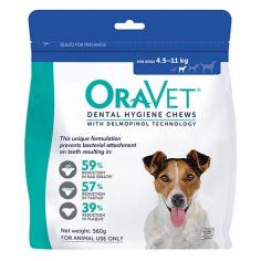 Oravet dental hygiene chews are ideal for your pet’s daily oral care. These clinically proven chews reduce plaque and tartar formation and prevent bad breath. When given daily, these dental dog chews loosen existing plaque and tartar to make it easier to remove. It also forms a barrier against bacteria that lead to plaque and tartar build up in the mouth. These tasty chews are easy to give and maintains overall dental health.
