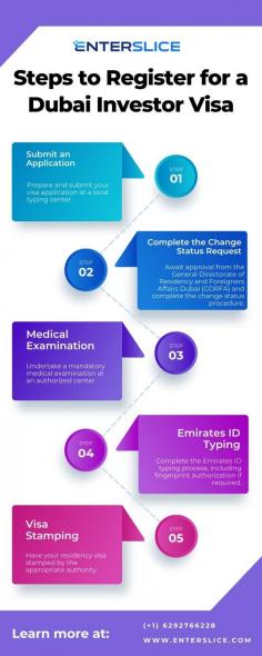 Discover the streamlined process to register for a UAE Investor Visa. Our guide covers essential steps: eligibility criteria, necessary documentation, application procedures, investment requirements, and approval timelines. Navigate the registration process with ease and secure your visa to invest and reside in the UAE. Know more: https://enterslice.com/ae/dubai-investor-visa-assistance