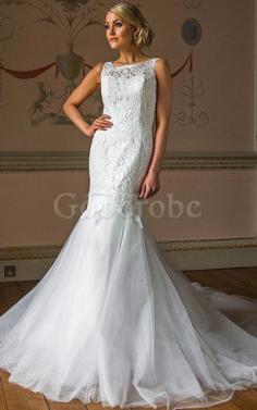 Robe de mariée delicat en tulle appliques de traîne mi-longue col en bateau