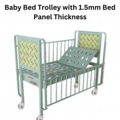 Abimed The Baby Bed Trolley features adjustable guardrails, lockable wheels for safety, and removable side panels. Made from anti-corrosive stainless steel and ABS plastic, it supports up to 150 kg. The height adjusts from 550 to 1300 mm, with a ventilated, non-slip bed panel and easy back position adjustment.