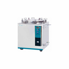 Labtron Vertical Autoclave is a top-loading 35 L sterilizer with a stainless steel body, 2 sterilizing baskets, and operates at 134 °C and 0.22 MPa. It features a timer range of 0 to 60 minutes, a light indicator, pressure gauge, auto power cut-off, and heating options with over-temperature 