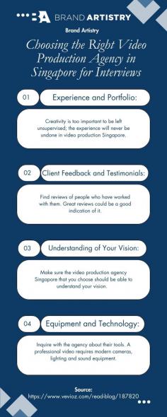 Choosing the Right Video Production Agency in Singapore for Interviews
A video production Singapore is a potential game changer. This can add a personal vibe to any project or business, which is why many companies implement them in their online marketing strategy. However, do note that creating a good video answer also requires practice. It goes beyond just a camera and microphone. This is why picking the right video production agency Singapore matters. They can be the set of hands-on sites that help execute your vision.
Source: https://www.vevioz.com/read-blog/187820 
