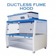 Labtron Ductless Fume Hood is a floor-standing unit with a 910×690×740 mm chamber, 650 mm opening, and 2 chemical filters. It features 4 casters for easy movement, an air velocity of 0.25-0.35 m/s, a 3-sided transparent acrylic window, waterproof sockets, and a phenolic resin work table.