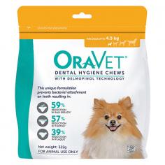 Oravet dental hygiene chews are ideal for your pet’s daily oral care. These clinically proven chews reduce plaque and tartar formation and prevent bad breath. When given daily, these dental dog chews loosen existing plaque and tartar to make it easier to remove. It also forms a barrier against bacteria that lead to plaque and tartar build up in the mouth. These tasty chews are easy to give and maintains overall dental health.
