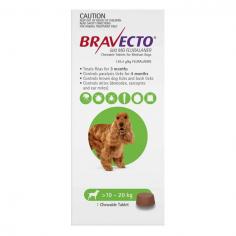 Bravecto Chewable for Medium Dogs is a long-lasting protection from fleas and ticks for 10-20kg dogs. A single dose of Bravecto Green pack treats fleas for 3 months, controls paralysis ticks for 4 months, and protects against brown dog ticks for 8 weeks. Plus, it treats infestations caused by bush ticks, sarcoptes, demodex, and ear mites.
