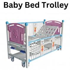 Abimed the Baby Bed Trolley, made from anti-corrosive aluminum alloy, offers an adjustable height range of 650 mm to 1260 mm. Equipped with lockable wheels for stability and child safety, it features removable side panels for easy access and cleaning, a storage basket for essentials, and 4 infusion poles for added functionality.