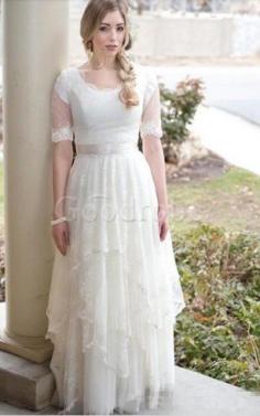 Robe de mariée plissé avec manche courte de lotus longueur au ras du sol encolure ronde