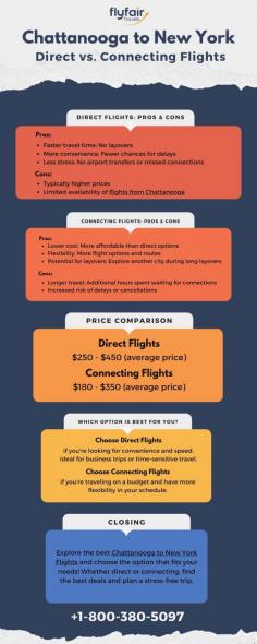 Explore the pros and cons of direct and connecting flights from Chattanooga to New York. Discover pricing comparisons, travel time differences, and tips to help you choose the best option for your journey. Whether you prioritize convenience or budget, this infographic provides essential insights for a seamless travel experience!