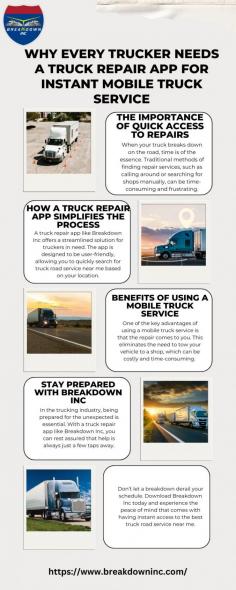 Every trucker needs a truck repair app to tackle roadside emergencies. It streamlines the process of finding mobile truck service and truck road service near me quickly. This handy tool reduces downtime and helps maintain your schedule. Check out Breakdown Inc to see how it can help. Visit here to know more:https://breakdowninc.mystrikingly.com/blog/why-every-trucker-needs-a-truck-repair-app-for-instant-mobile-truck-service