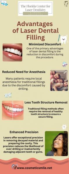 One of the key benefits of laser dental filling is its ability to target only the decayed areas, leaving the surrounding healthy tooth structure intact. This precision reduces the need for more extensive drilling, which is often required in traditional filling procedures. The laser's ability to work without direct contact also contributes to a more comfortable experience for the patient. 
Source: https://cosmeticsmile.mybloghunch.com/the-benefits-of-choosing-laser-dental-filling-over-traditional-methods-1?ref=bloghunch.com
