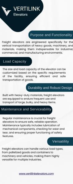 Freight elevators are robust, high-capacity lifts designed for efficient and safe transport of heavy goods in industrial settings.