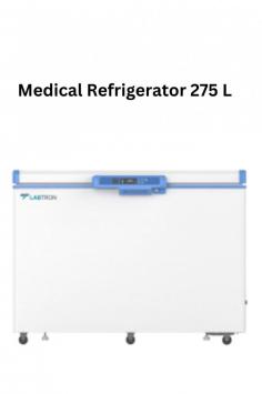 Labtron Medical Refrigerator is a 275L chest-type unit with a temperature range of 2 to 8°C, cycle defrost, and forced air cooling. It features a built-in door handle, 4 wheels, 2 leveling feet, a premium compressor, HCFC-free refrigerant, and heat-free defrost.
