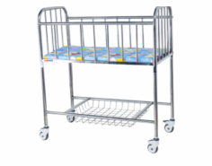 Abimed  Baby Bed Trolley, crafted with aluminum alloy features a height adjustment range of 650 mm to 1260 mm and lockable wheels. With 25 mm anti-corrosive steel tubes, unit provides ample space for the child and includes a sundries basket for keeping essentials, ensuring convenience and safety.