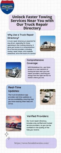 Discover reliable Towing Services Near You with our comprehensive truck repair directory. Whether you're stranded or need repairs, our truck breakdown app connects you to the nearest service providers quickly, ensuring your truck gets back on the road without delay. Visit here to know more:https://truckbreakdownapp.blogspot.com/2024/09/unlock-faster-towing-services-near-you.html