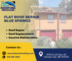 Need expert flat roof repair in Blue Springs? Blue Rain Roofing & Restoration specializes in repairing flat roofs to ensure your home or business stays protected from leaks and weather damage. Our skilled team uses high-quality materials and proven techniques to deliver long-lasting solutions. Contact us today for reliable and professional flat roof repair services in Blue Springs!