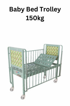 Abimed baby bed trolley offers height adjustment from 550 to 1300 mm and supports up to 150 kg. It features a 1.5mm cold-rolled steel bed panel with stamped pores for ventilation and non-slip functionality, ensuring safety and comfort.