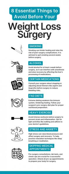 8 Essential Things to Avoid Before Your Weight Loss Surgery


Weight loss surgery is common in Singapore and is considered helpful for those suffering from health complications related to obesity, such as sleep apnea, arthritis, hypertension, and diabetes.

If you are scheduled to undergo weight loss surgery, your doctor might advise some precautions prior to your procedure to ensure a smooth operation and recovery. This infographic also lists essential things to avoid before surgery, so make sure to save it for future reference.
