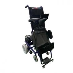 Labtron Standing Power Wheelchair supports a 100 kg weight capacity and features a 46 cm wide seat, 44 cm seat depth, and 58 cm seat height. The backrest is 48 cm high. Built with a powder-coated steel frame, it has 8" front wheels, 12" rubber foam rear wheels, and can climb up to 12° slopes for smooth mobility.