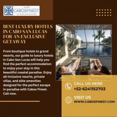 From boutique hotels to grand resorts, our guide to luxury hotels in Cabo San Lucas will help you find the perfect accommodation to enjoy your stay in this beautiful coastal paradise. Enjoy all-inclusive resorts, private villas, and elite amenities designed for the perfect escape in paradise with Cabos Finest. Call now.
