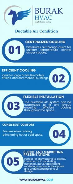 Ductable AC systems offer customizable layouts, efficient cooling, and uniform air distribution, ideal for large spaces like hotels or offices.