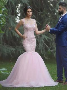 Robe de mariée naturel de sirène manche nulle en tulle grandes bretelles